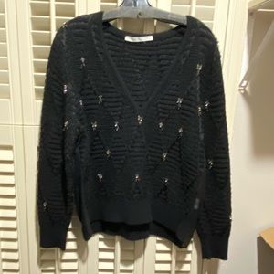 Thakoon Addition Jewel Embellished Deep V Wool Silk Sweater Small